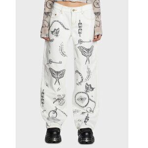 MILK IT White Denim Jeans Graphic Print Occult Butterfly Wide Leg Relaxed Fit 28